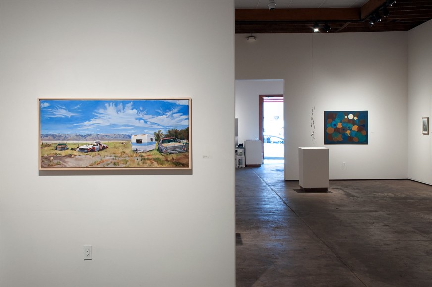 Installation photograph of The Winter Salon, 2021 with Patricia Chidlaw with Oskar Fischinger, Ken Bortolazzo, and Susan McDonnell in the background