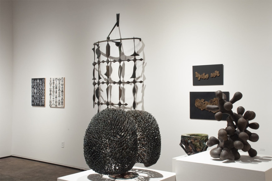 Installation photograph of ORGANIC: Textural &amp; Biomorphic &bull; Abstract &amp; Conceptual: Clay, Wood, Fiber, Paper &amp; Metal, Brad Miller, Neil Goodman, Harry Bertoia, Sidney Gordin, James Haggerty
