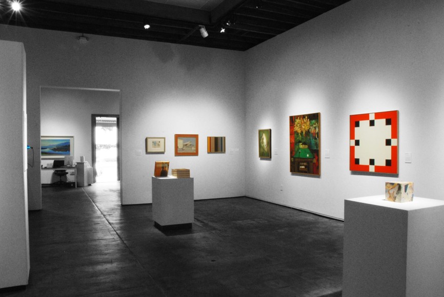 Installation photograph of William Dole, Hank Pitcher, Karl Benjamin, Howard Warshaw, Edgar Ewing, Frederick Hammersley, and Tony Berlant