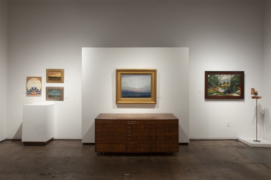 Installation photograph of The Summer Salon 2021, Julika Lackner, Lockwood de Forest, Leon Dabo, Angela Perko, Nathan Huff