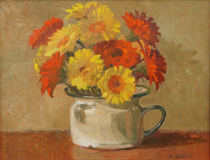 MEREDITH BROOKS ABBOTT, Enamel Pot and Zinnias, 2014