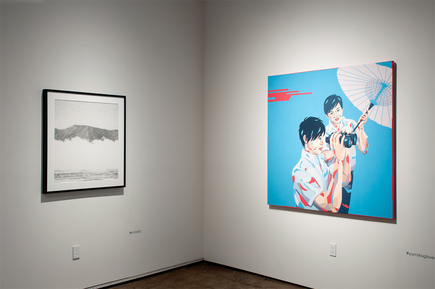 Installation shot of U.C.S.B. M.F.A. 20/20 Exhibition with piece by Eric Beltz and Yumiko Glover