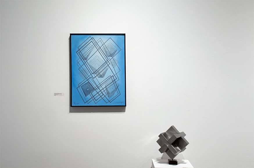 Installation photograph of JUXTAPOSED: The Art of Curation with works by Oskar Fischinger and Ken Bortolazzo