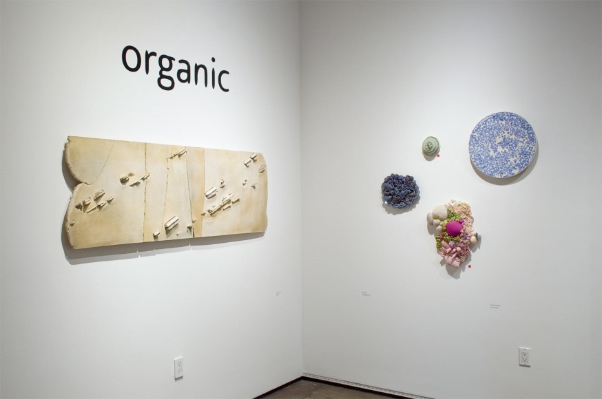 Installation photograph of ORGANIC: Textural &amp; Biomorphic &bull; Abstract &amp; Conceptual: Clay, Wood, Fiber, Paper &amp; Metal, Patrick Hall, Linda Haggerty, Sommer Roman, Brad Miller