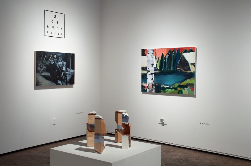 Installation shot of U.C.S.B. M.F.A. 20/20 Exhibition with pieces by Tom Pazderka, R. Nelson Parrish, and Cathy Ellis