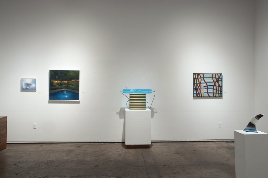 Installation photograph of The Winter Salon II, 2021 with works by Susan McDonnell, Scott Yeskel, Peter Zecher, Oskar Fischinger, and R. Nelson Parrish