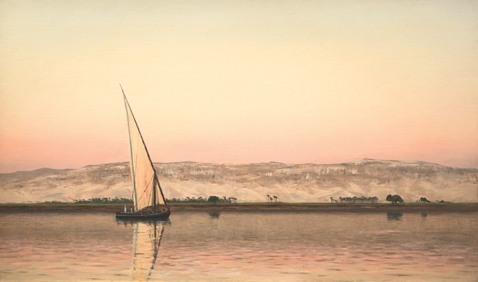 LOCKWOOD DE FOREST (1850-1932), Lone Felucca at Dusk near Roda along the Nile, 1876 (Study dated January 7, 1876)