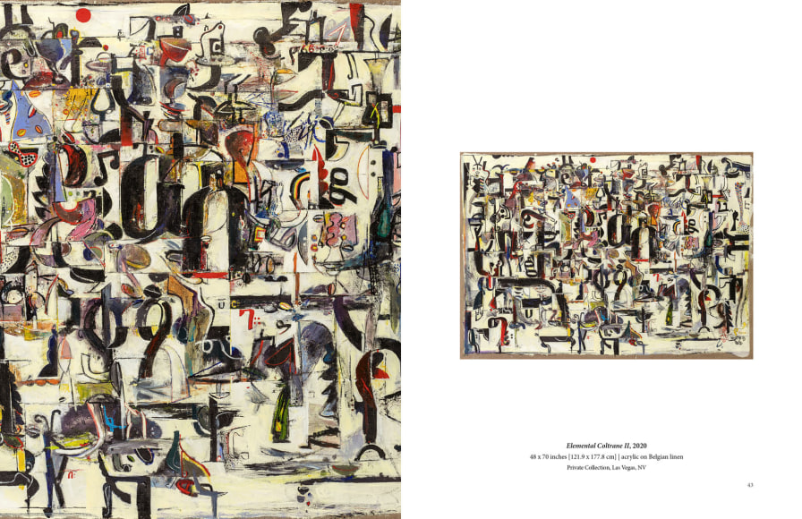 Pages 42 and 43 of WOSENE WORKE KOSROF, featuring reproduction and detail of &quot;Elemental Coltrane II&quot;