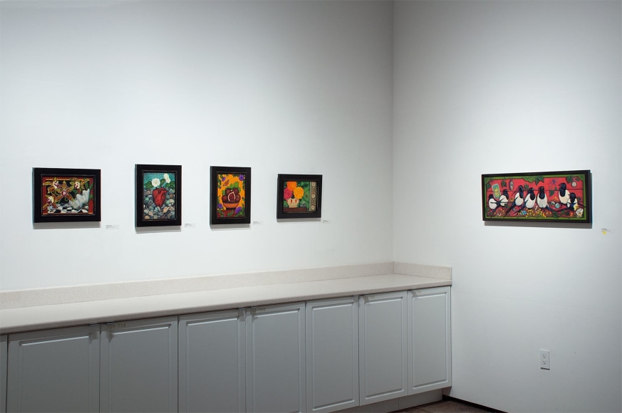 Installation shot of ANGELA PERKO: Just Another Pretty Picture with Lady Lazarus, Watering the Stones, Figs and Thistles, The Mark on the Wall, and One for Sorrow