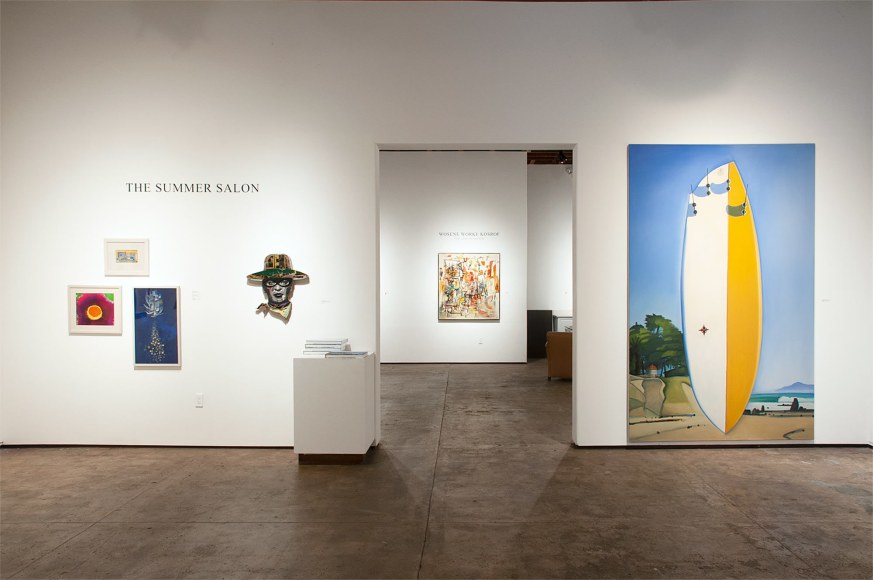 Installation photograph of The Summer Salon, 2020, Harvey Leepa, Werner Drewes, Nathan Huff, Inga Guzyte, Hank Pitcher, with Wosene Worke Kosrof in background