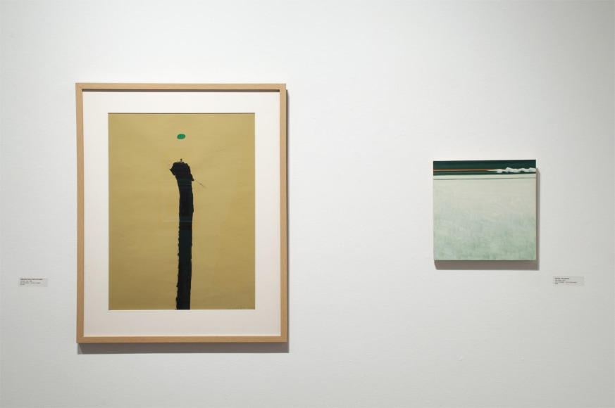 Installation photograph of JUXTAPOSED: The Art of Curation with works by Emerson Woelffer and Nicole Strasburg