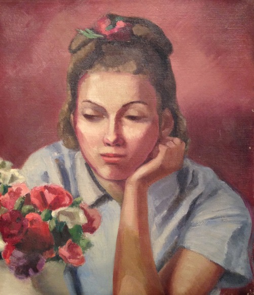LYLA HARCOFF (1883-1956), Woman Contemplating Still Life of Flowers, c. 1930s