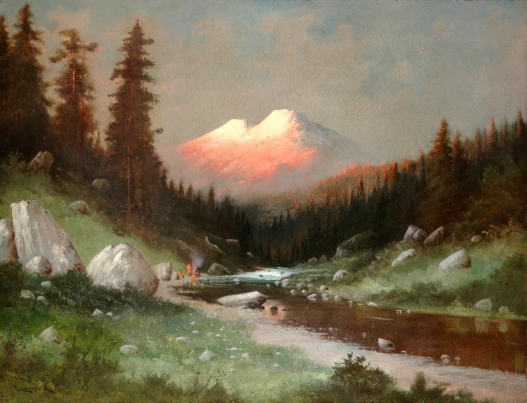 CARL HENRIK JONNEVOLD (1856-1955), Indian Encampment Along Sacramento River Viewing Mt Shasta & Shastina, c. late 1880s