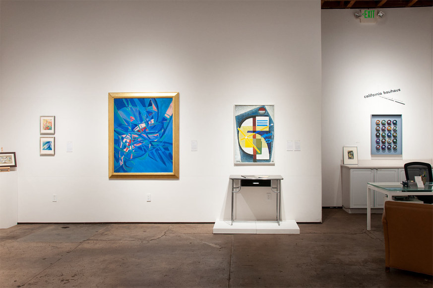 Installation photograph of CALIFORNIA BAUHAUS with Sidney Gordin, KEM Weber, Werner Drewes, and Elise Seeds