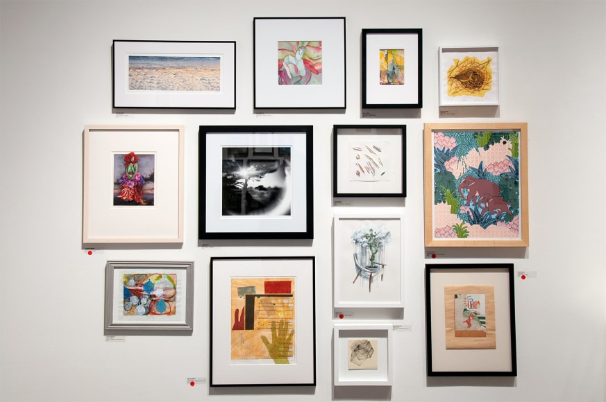 100 GRAND 2019 installation shot with Roe Ann White, Sophia Beccue, Bart Tarman, Sarah Woodburn, Veronica Lambert, Andrew Thill, Cass Ensberg, Claudia Borfiga, Hugh Margerum, Bay Hallowell, Nathan Huff, Dug Uyesaka, Megan Stirling