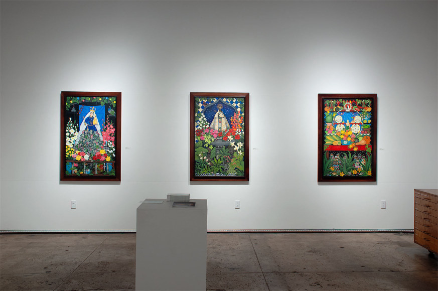 Installation shot of ANGELA PERKO: Just Another Pretty Picture with Matthew 6:24, Guadalupe Estremadura, and The Ambassador of Beauty