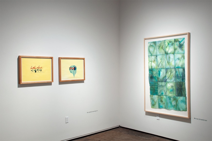 Installation shot of U.C.S.B. M.F.A. 20/20 Exhibition with pieces by Madeleine Eve Ignon and Mary Heebner