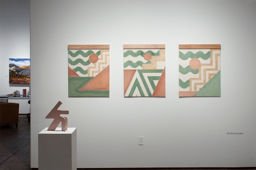 Installation shot of U.C.S.B. M.F.A. 20/20 Exhibition with pieces by Nathan Hayden and Phoebe Brunner in the background