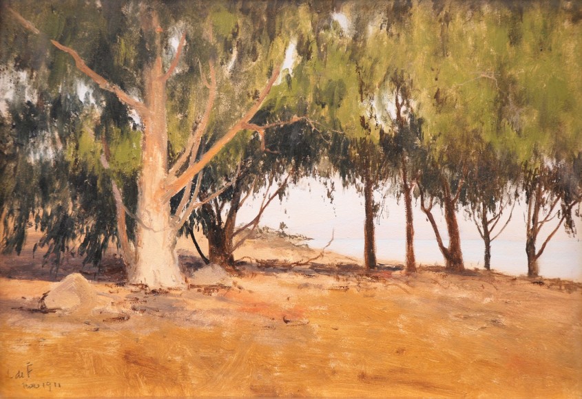 LOCKWOOD DE FOREST (1850-1932), View Through Eucalyptus Trees To The Rincon, Nov. 1911