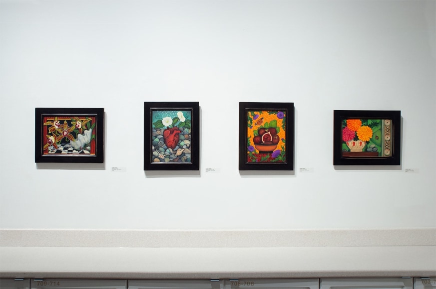Installation shot of ANGELA PERKO: Just Another Pretty Picture with Lady Lazarus, Watering the Stones, Figs and Thistles, and The Mark on the Wall