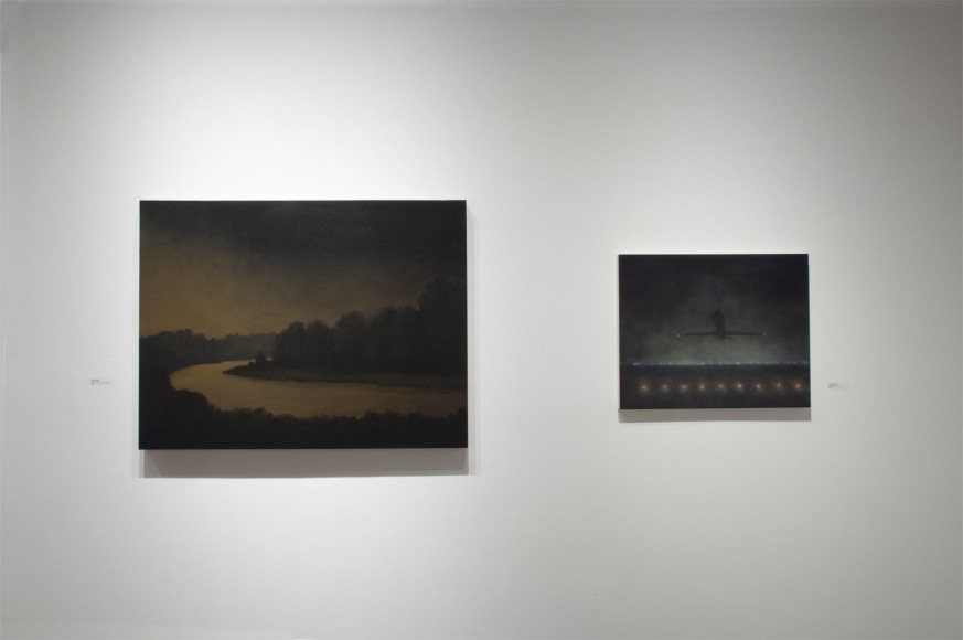 Installation photograph of JUXTAPOSED: The Art of Curation with works by Chris Peters and Natalie Arnoldi