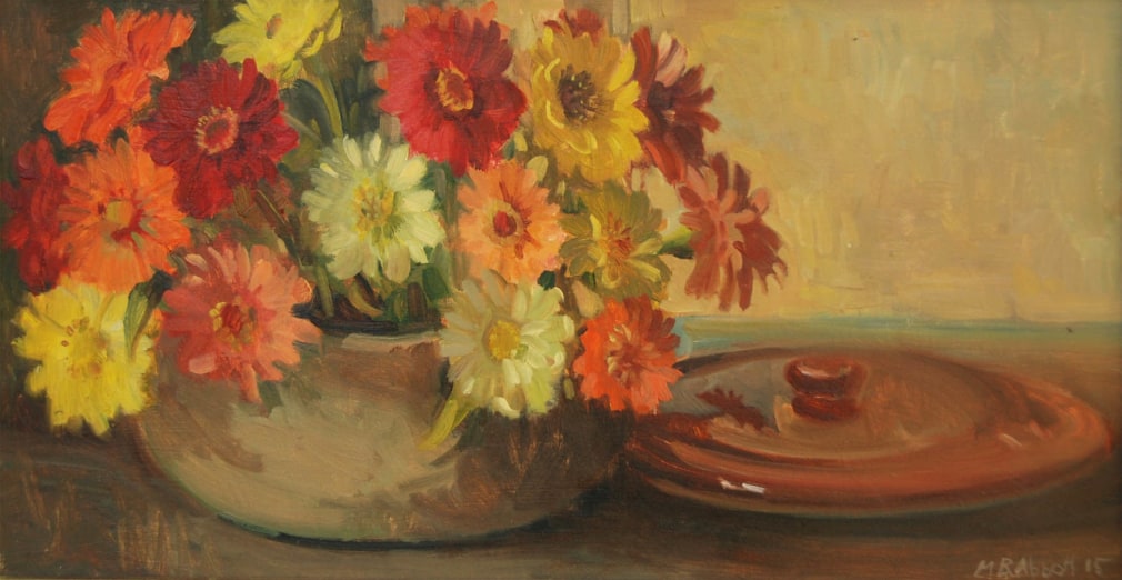 Meredith Brooks Abbott, Zinnias in a Bean Pot, 2016