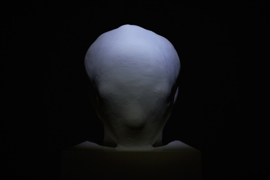 Reynier Leyva Novo, What It Is, What It Has Been (detail 1), 2020. Bust of Jos&eacute; Mart&iacute; by the sculptor Juan Jos&eacute; Sicre, after 380 layers of paint, and stop-motion video (sequence of 380 black and white photographs), Variable dimensions. Sculpture: 16 1/2 x 13 3/8 x 13 3/8 in.