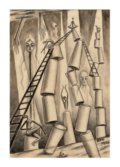 Xul Solar, Intentos de equilibrio. Catalogue Raisonn&eacute; #883a, p. 399, 1950. Watercolor and ink on paper, 12 x 8 in. (30.5 x 20.3 cm.)