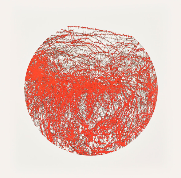 Gustavo D&iacute;az, Not yet titled [triptych, piece 2], 2019. Cut out paper and colored pencil, 18 1/16 x 18 1/16 in. (46 x 46 cm.)