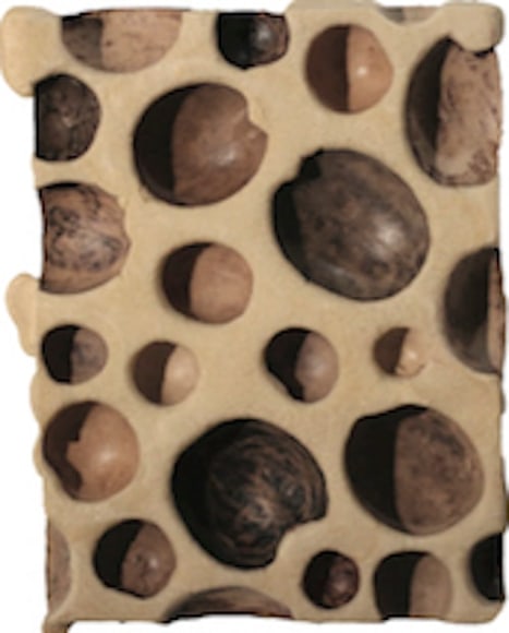 Mu&eacute;gano 25, 2018. Gourd cups, polyurethane foam, acrylic medium, bees wax, 19 11/16 x 15 3/4 x 2 3/4 in. (50 x 40 x 7 cm.),