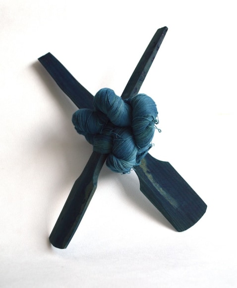 Sandra Monterroso, Efectos Cruzados 11, 2020. Yarn dyed with indig&oacute;fera guatemalensis, and wood, 11 13/16 x 11 3/8 x 7 1/16 in. (30 x 29 x 18 cm.)