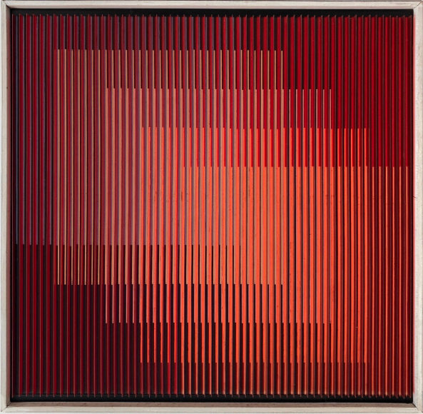 Carlos Cruz-Diez, Physichromie No 472, 1969. Cardboard (Celloderme), casein (Plaka), cellulose acetate (Rhodoid) inserts mounted on plywood with wood frame, 16 1/8 x 16 1/8 in. (41 x 41 cm.)