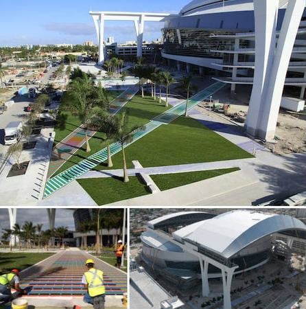 Carlos Cruz-Diez, Chromatic Induction in a Double Frequency, 2012. Marlins Stadium, Miami, Florida