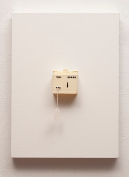 Liliana Porter, For Sale [White Stove], 2019. Acrylic and assemblage on canvas, 16 x 12 x 1 1/2 in., (40.6 x 30.5 x 3.8 cm.)