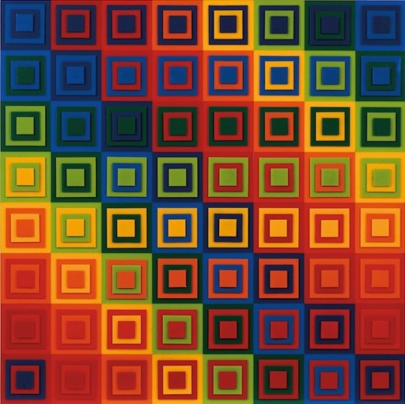 Francisco Sobrino, D&eacute;placement Instable, 1961/1969. Plexiglas (8 colors], 28 3/8 x 28 3/8 in. (72 x 72 cm.)