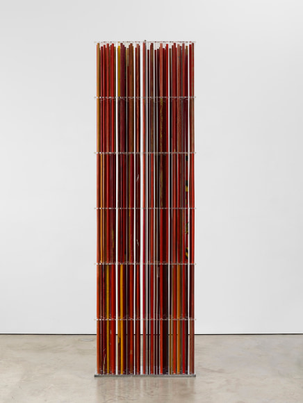 Thomas Glassford, Untitled [red - yellow stela], 2007. Plexiglass, broomsticks and aluminum, 118 1/16 x 36 3/16 x 11 13/16 in. (300 x 92 x 30 cm.), &nbsp;