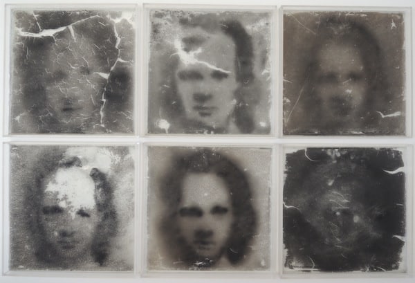 Oscar Mu&ntilde;oz. Narcisos, 1995. Coal dust over Plexiglas - 5 pieces. 13 1/2 x 13 1/2 x 2 in. (34.3 x 34.3 x 5 cm.) each