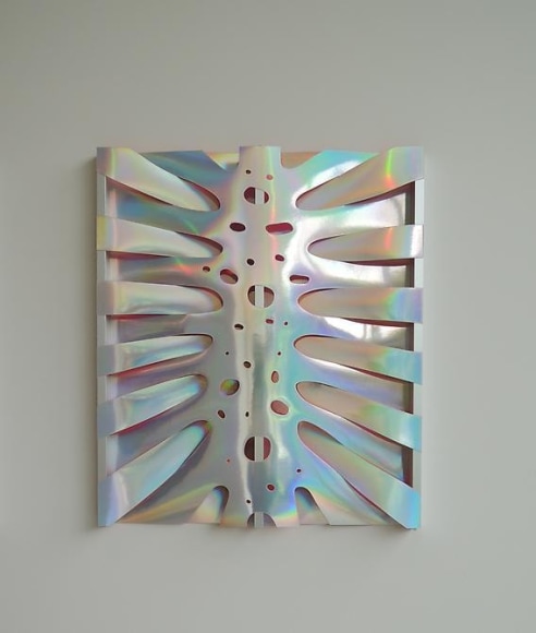 Thomas Glassford, Untitled, 2014. Holographic paper and anodized aluminum, 21 1/2 in. x 18 1/2 in. x 1 in.