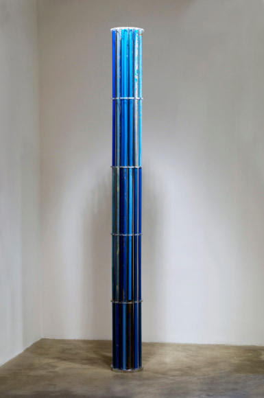 Thomas Glassford. Stela: Pacific Blue, 2008. Lucite, metal, and broomsticks. 98 &frac12; x 9 &frac34; in.