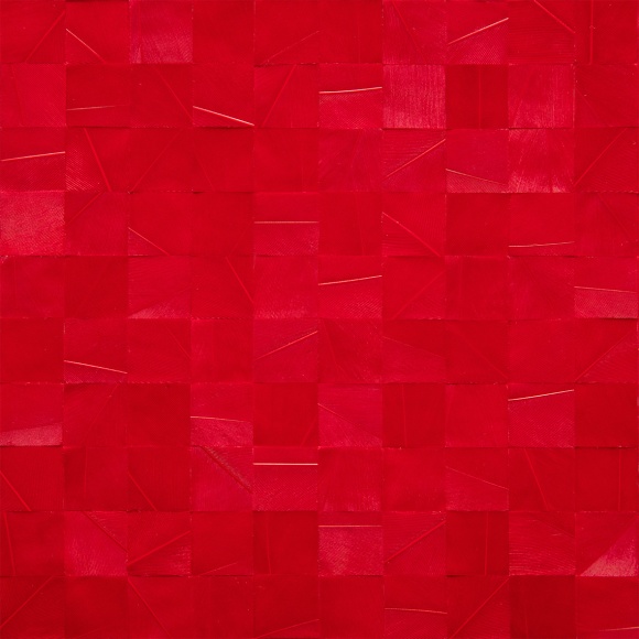 Gabriel de la Mora, 900 VI (detail), 2020. Pigmented turkey feathers on museum cardboard, 16 7/8 x 16 7/8 x 1 9/16 in. (43 x 43 x 4 cm.)