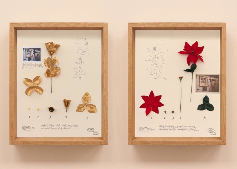 Alberto Baraya, Diptych of the Virgin of the Fake Gun Machine, 2019. Found objects, photographs and pencil on cardboard, 20 1/16 x 15 3/4 x 2 5/16 in. (51 x 40 x 6 cm.) each