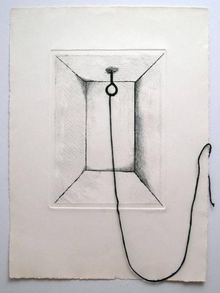 Liliana Porter, Untitled (hook), 1971. Etching with yarn, 17 3/4 in. x 13 in.