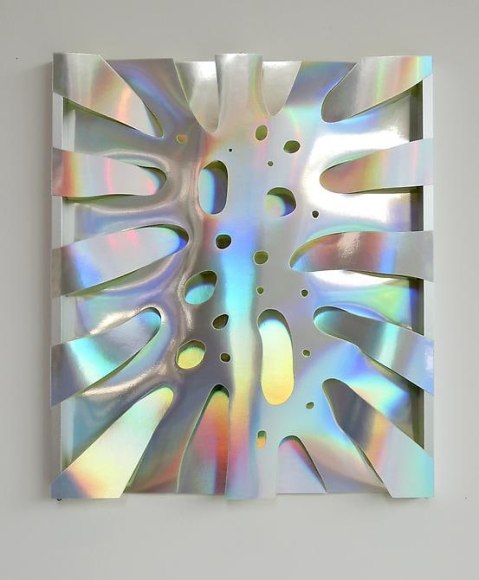 Thomas Glassford, Untitled, 2014. Holographic paper and anodized aluminum, 21 1/2 in. x 18 1/2 in. x 1 in.