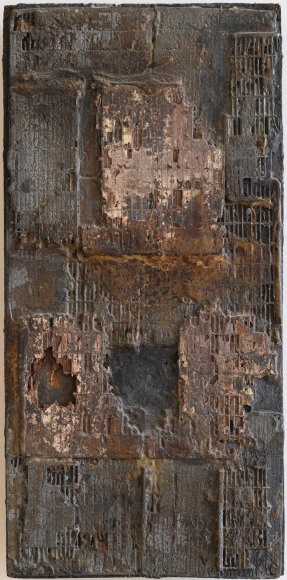 Elsa Gramcko, Sin t&iacute;tulo [Untitled], 1962. Car battery cells and mixed media on masonite, 19 11/16 x 9 7/16 x 0 3/4 in. (50 x 24 x 2 cm.)