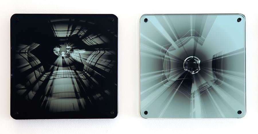 Ana Maria Tavares, Eclipse, 2011. From the series Hier&oacute;glifos Sociais. UV printing on glass, mirror, and rubber. 35 cm x 80 cm x 2.5 cm.