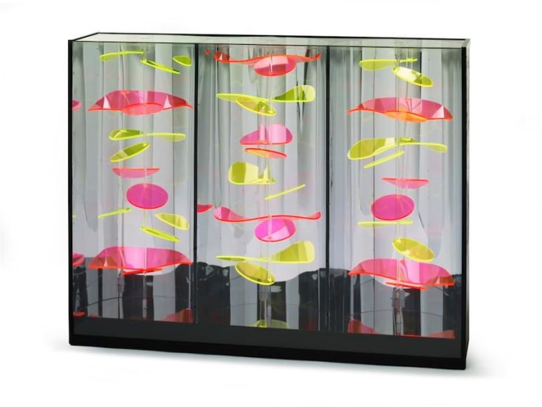 Martha Boto, D&eacute;placements Optico-Hydraliques, 1970. Aluminum, colored Plexiglas, motor, plywood, 51 1/4 in. x 40 in. x 11 1/2 in.