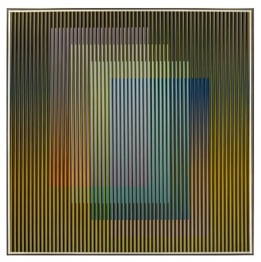 Carlos Cruz-Diez, Physichromie Panam 129, 2013. Chromography on aluminum, PVC inserts, 27 9/16 x 27 9/16 in.