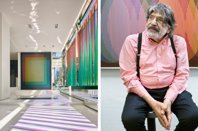 Carlos Cruz-Diez has created a permanent installation in Washington DC, in the lobby of law firm Covington at Foster + Partners' CityCenter (pictured left). Photography: Hendrich Blessing. Right: the artist in front of his work Physichromie Panam No. 176, at his studio in Panama. Photography: Rose Cromwell