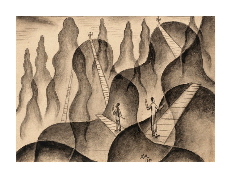 Xul Solar, Paisaje. Catalogue Raisonn&eacute; #897, p. 405, 1951. Watercolor on paper mounted on cardboard, 10 7/8 x 12 in. (27.6 x 30.5 cm.)