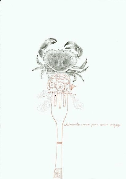 Teresa Currea, Aditamento casero para comer cangrejo, 2009, Pencil and ink on paper, 17.5 x 12.5 cm